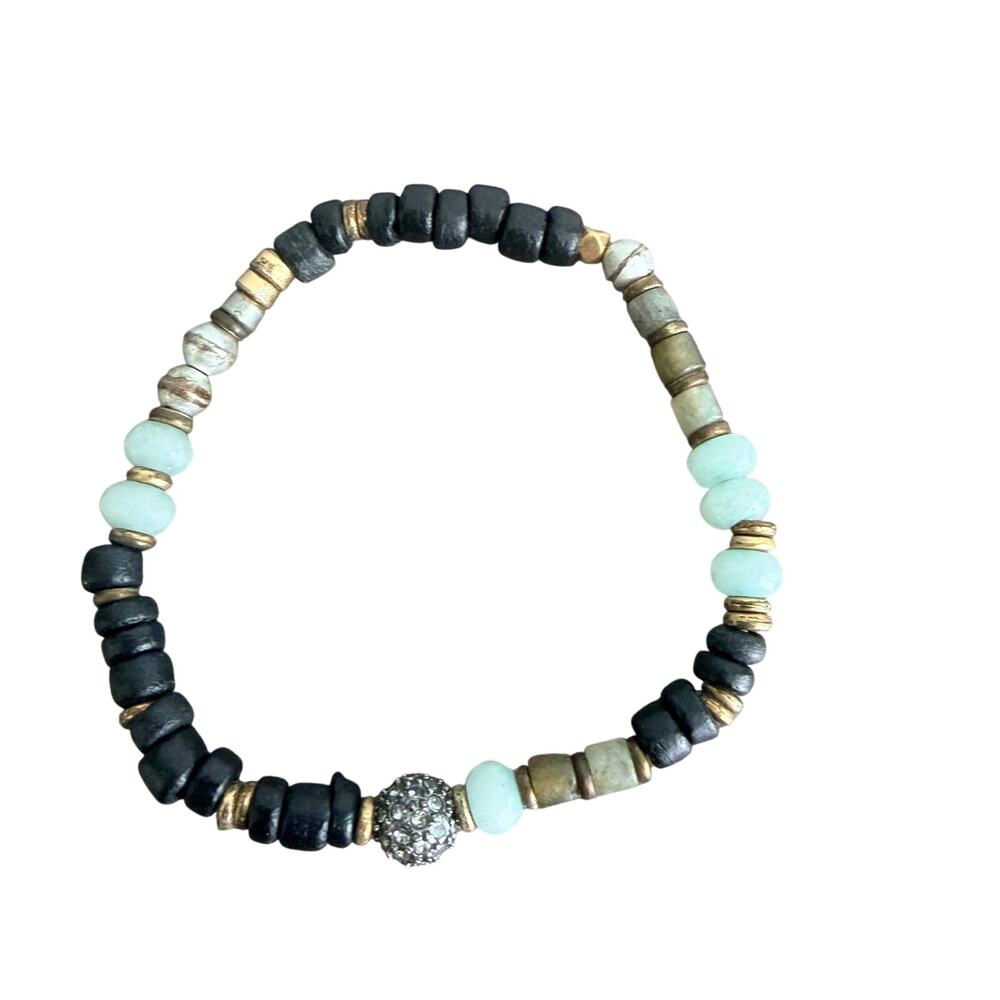 Black Green Gold and Silver Beaded Boho Stretch Bracelet